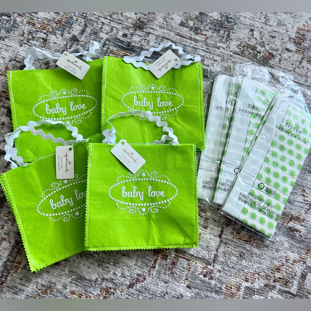 Lot of Gift Wrapping for New Baby - 4 Felt Bags Matching Polka Dot Tissue Unisex